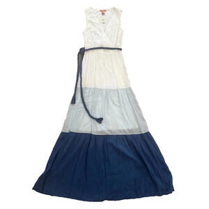 NWT Flying Tomato White Blue Ombre Tiered Maxi Dress Sleeveless V-Neck Belt S